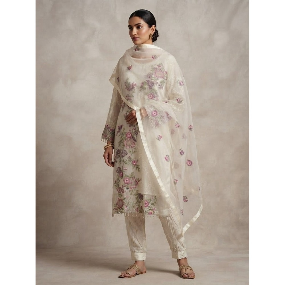 Pakistani Indian 3 Piece Embroidered Kurta Pants Dupatta Ivory Floral Women А24